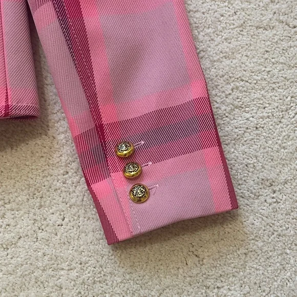 Smythe Pink Plaid Single-Button Puff Shoulder Blazer - Picture 4 of 4